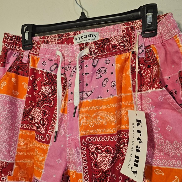 Kreamy Pink Orange Bandana Patchwork Cargo Jogger Pants NWT Streetwear Artsy M - Picture 2 of 7